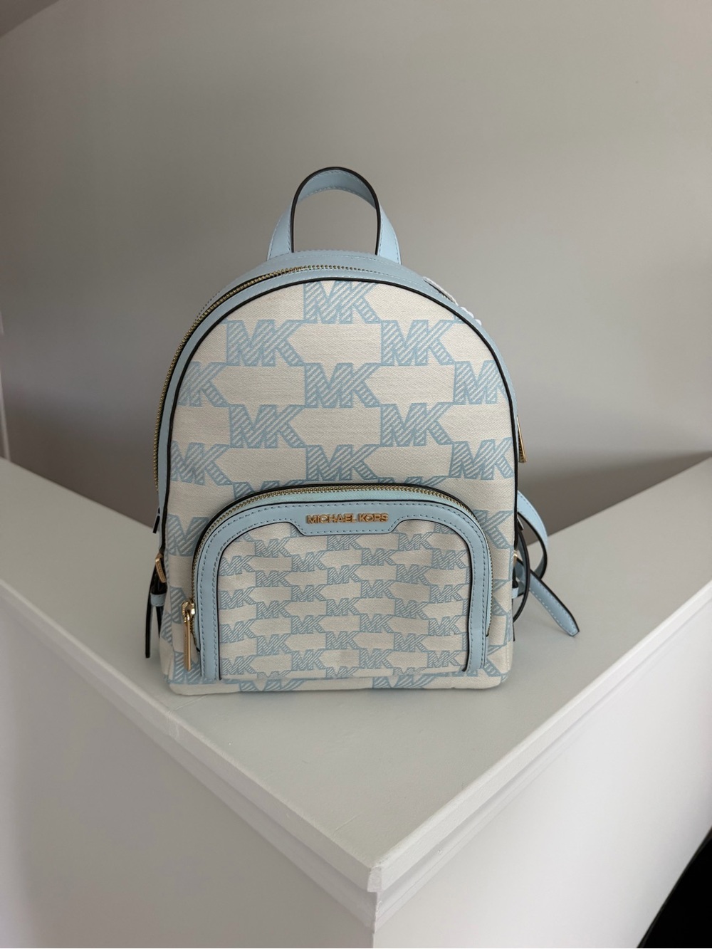 Michael Kors Light Blue and Cream MK Logo Backpack